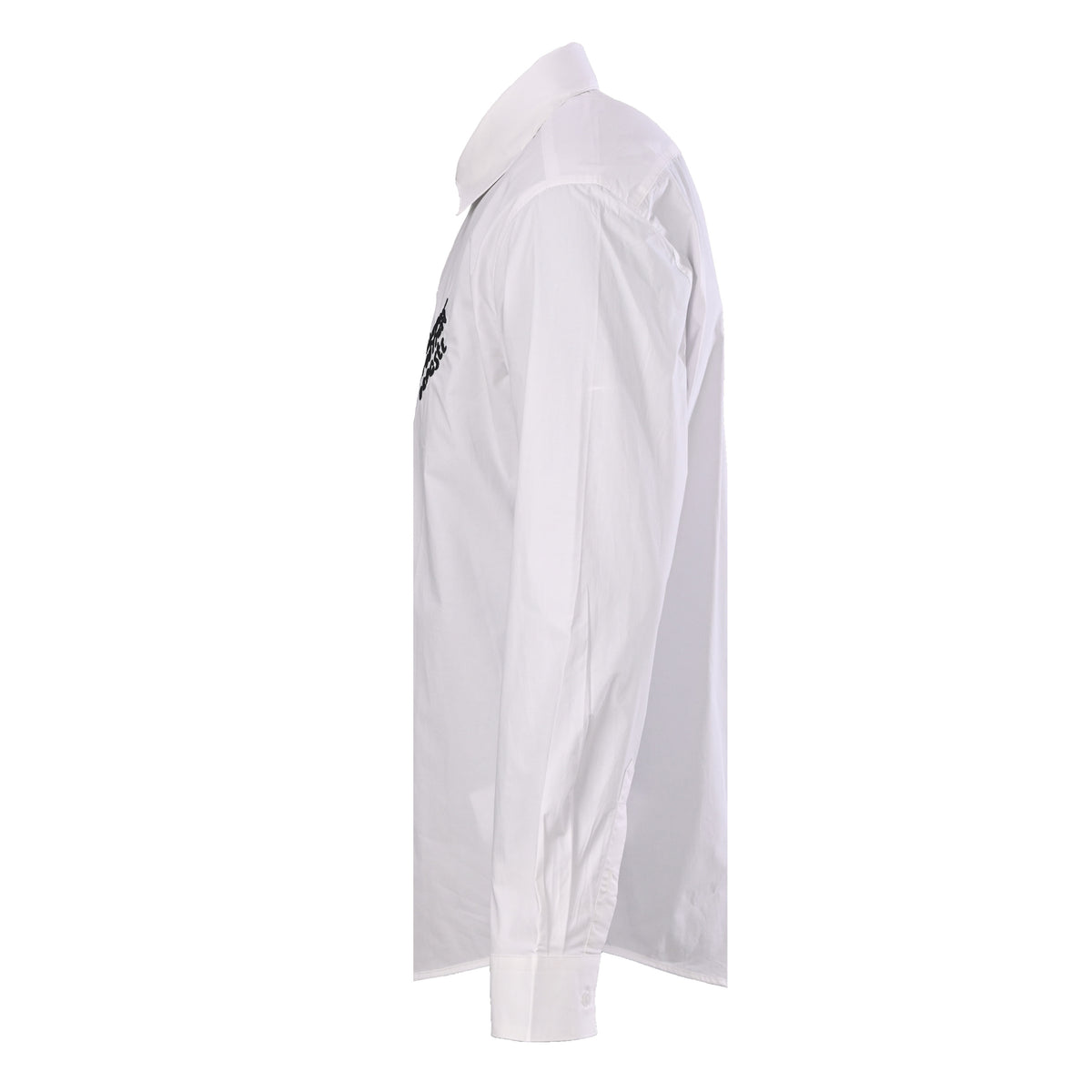 Louis Vuitton White Long-Sleeve Button-Up Shirt with Black Letter Embroidery, Drop-Shoulder Silhouette, Shell Buttons and Curved High-Low Hem
