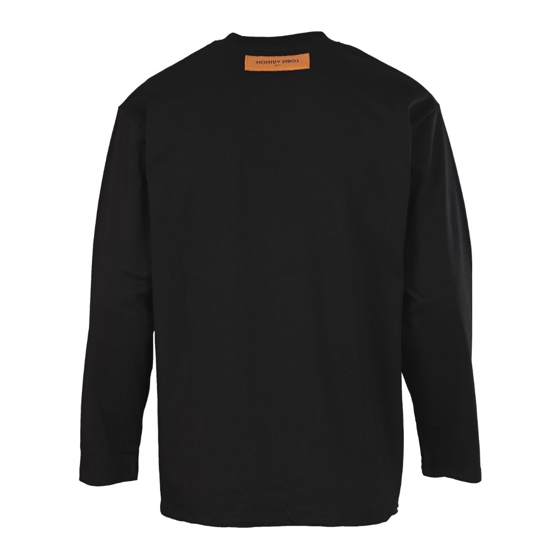 Louis Vuitton Black Lovers Embroidered Long-Sleeve T-Shirt, Unisex Cotton Crewneck with Multicolor Gradient Raised Logo and Back Neck Label