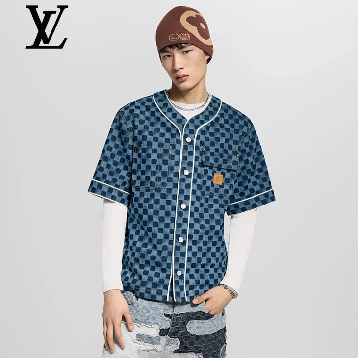 Louis Vuitton Blue Damier Denim Baseball Short-Sleeve Shirt