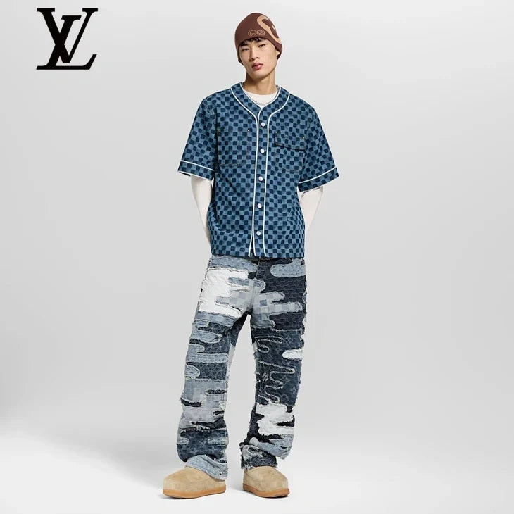 Louis Vuitton Blue Damier Denim Baseball Short-Sleeve Shirt