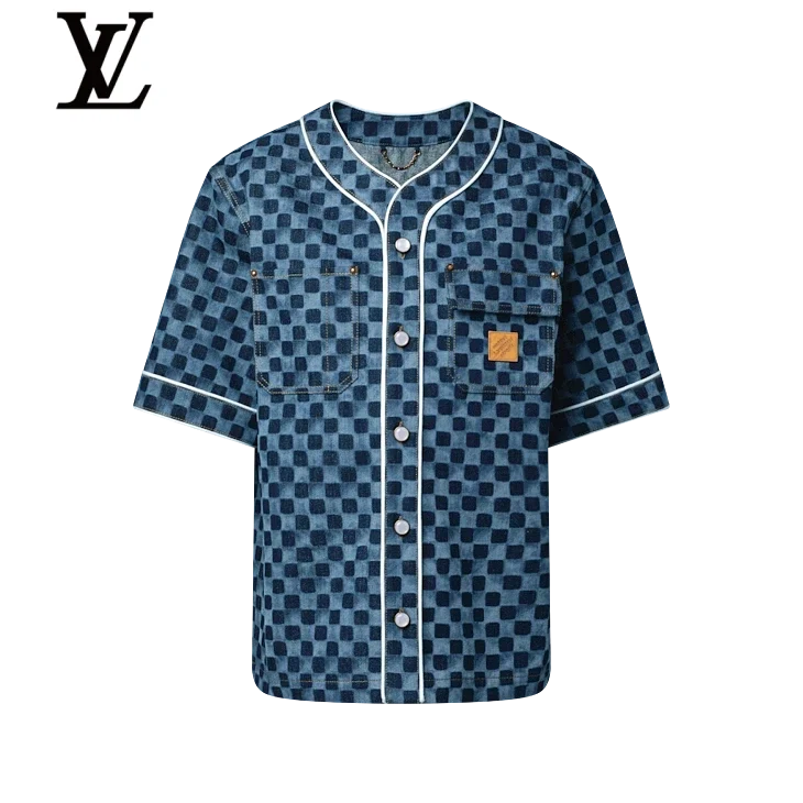 Louis Vuitton Blue Damier Denim Baseball Short-Sleeve Shirt
