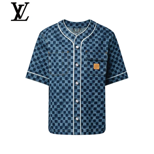 Louis Vuitton Blue Damier Denim Baseball Short-Sleeve Shirt