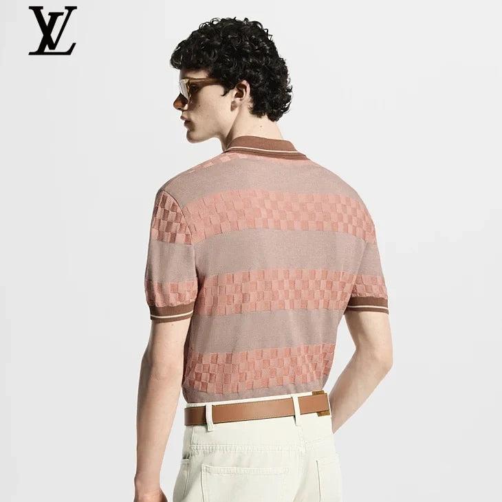 Louis Vuitton Pink Striped Damier Knit Short Sleeve Polo Shirt