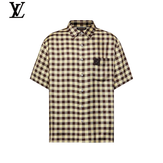 Louis Vuitton Brown Beige Gingham Check Short Sleeve Shirt