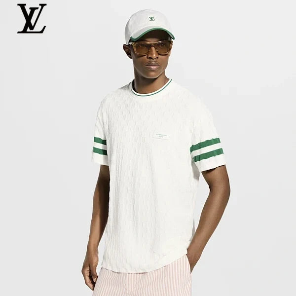 Louis Vuitton White Cable Knit Green Stripe Short Sleeve Tee