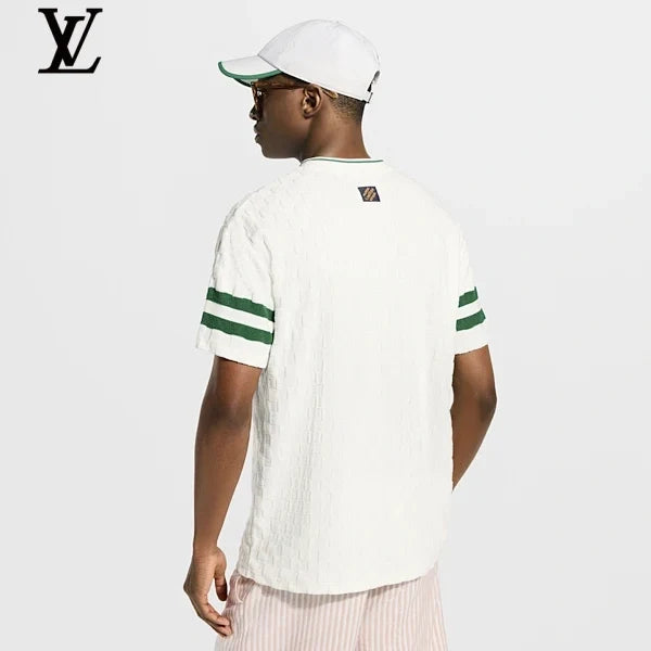 Louis Vuitton White Cable Knit Green Stripe Short Sleeve Tee