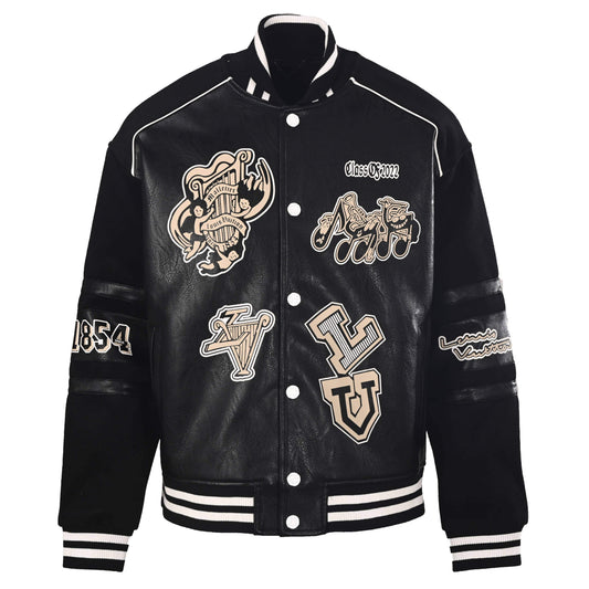 Louis Vuitton Multi-Logo Print Leather Baseball Jacket | Designer Varsity Outerwear & Luxury Streetwear
