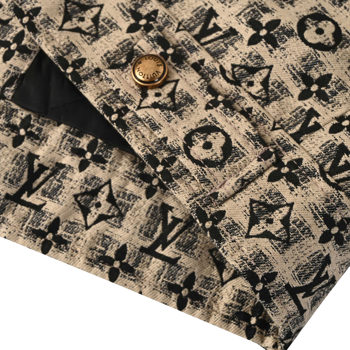 Louis Vuitton Beige All-Over Monogram Jacket with Embroidered Logo Motifs, Button-Up Trucker Silhouette, Twin Chest Pockets and Bronze-Tone Buttons
