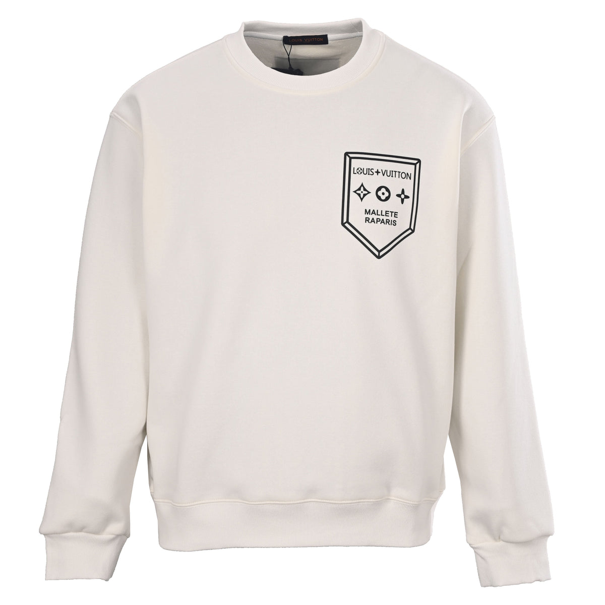 Louis Vuitton White Crest Graphic Sweatshirt with Black Shield Logo, Oversized Unisex Cotton Crewneck Pullover for Clean Casual Style