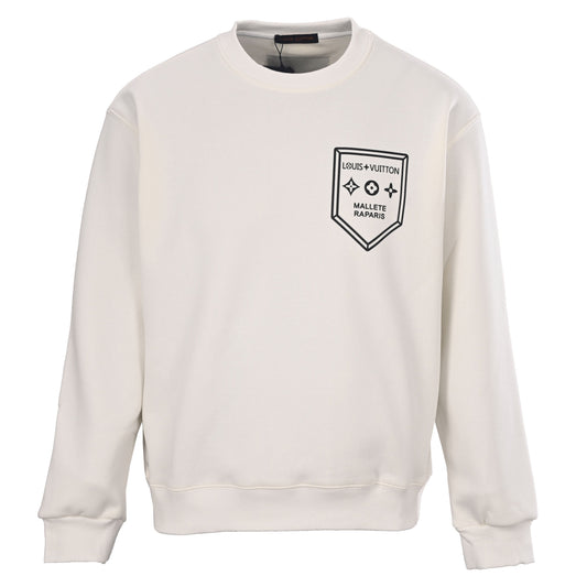 Louis Vuitton White Crest Graphic Sweatshirt with Black Shield Logo, Oversized Unisex Cotton Crewneck Pullover for Clean Casual Style