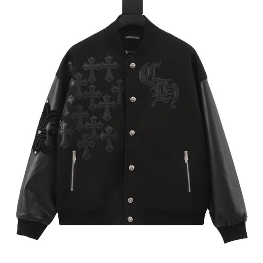 CH Leather-Sleeve Varsity Jacket with Cross Patch Logo