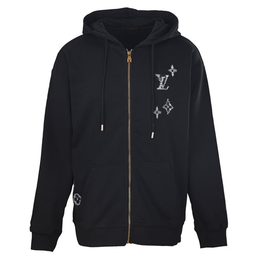 Louis Vuitton Black Sketch Monogram Embroidered Zip-Up Hoodie, Heavyweight French Terry Cotton for Relaxed Designer Streetwear