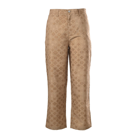 Louis Vuitton Tan Monogram Jacquard Straight-Leg Trousers, Cotton-Nylon Textured Check Pants with Tailored Waistband and All-Over Tonal Pattern