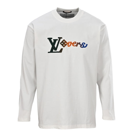 Louis Vuitton White Cotton Long-Sleeve Tee with Gradient Lovers Embroidery, Unisex Crewneck T-Shirt with Raised Multicolor Chest Logo