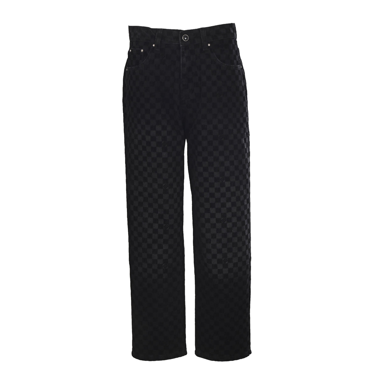 Louis Vuitton Mosaic Flocked Checkerboard Panel Jeans | Designer Statement Denim Pants for Streetwear Styling