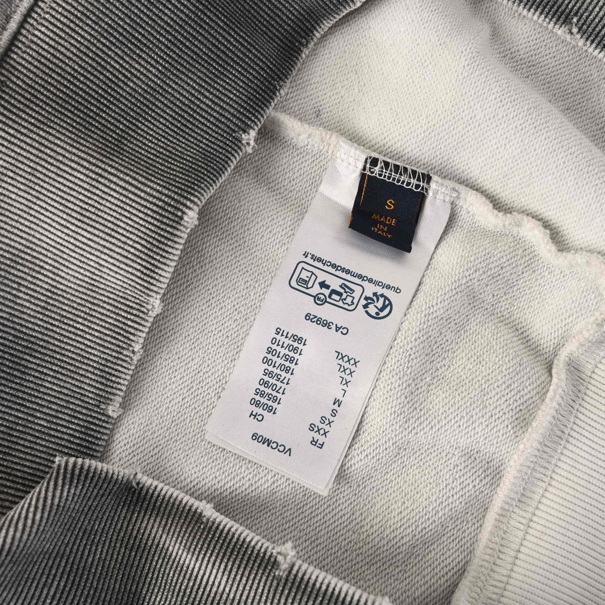 Louis Vuitton Ivory and Grey Ombré Cloud Logo Hoodie, Heavyweight Pullover Sweatshirt with Frayed Monogram Denim Appliqué and Distressed Finish
