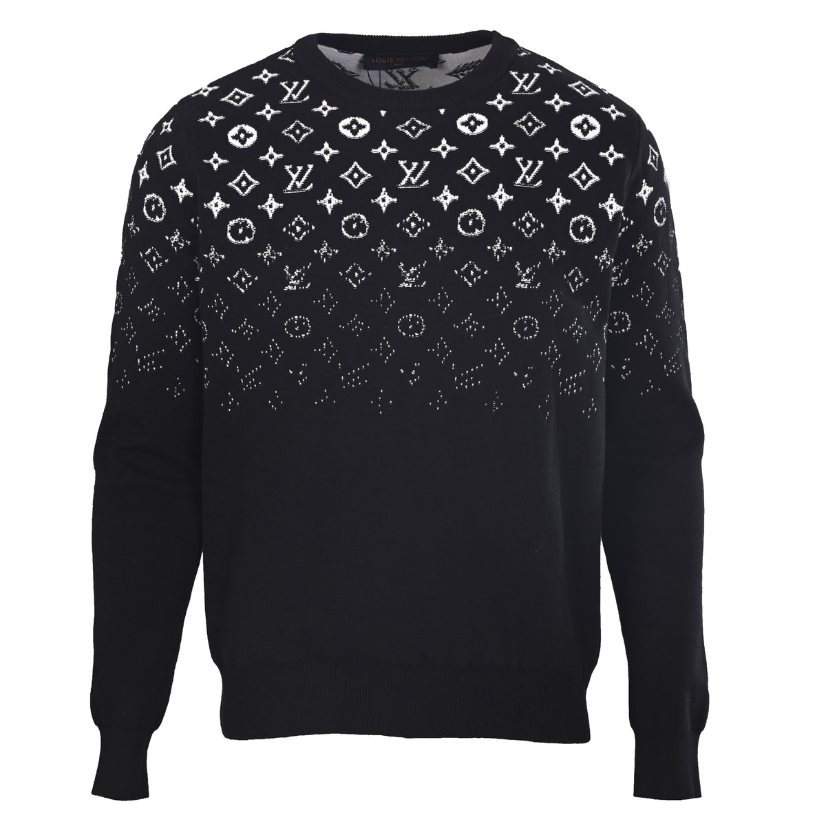 Louis Vuitton Black Gradient Monogram Cotton Crewneck Sweater, Fitted Fine-Knit Jacquard Pullover with White Fade-Out Motifs and Ribbed Trims