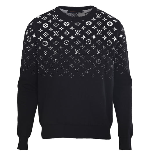 Louis Vuitton Black Gradient Monogram Cotton Crewneck Sweater, Fitted Fine-Knit Jacquard Pullover with White Fade-Out Motifs and Ribbed Trims