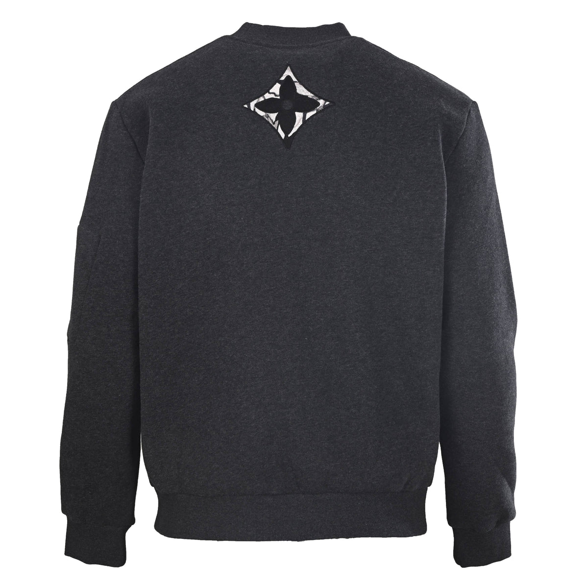 Louis Vuitton Charcoal Cotton Fleece Crewneck Sweatshirt with Embroidered Chest Logo, Zip Sleeve Pocket and Contrast Monogram Flower Back Detail