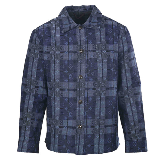 Louis Vuitton Blue Plaid Monogram Jacquard Denim Shacket, Relaxed-Fit Designer Shirt Jacket with Vintage-Inspired Style