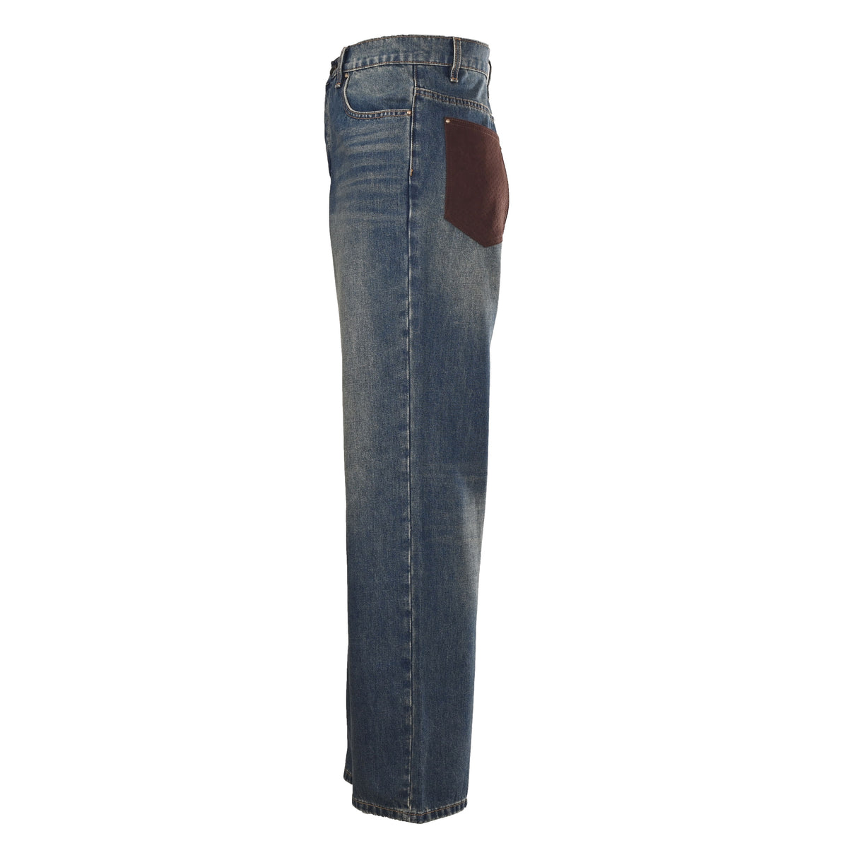 Louis Vuitton Washed Blue Straight-Leg Jeans with Brown Leather Back Pockets, Vintage-Inspired Designer Denim