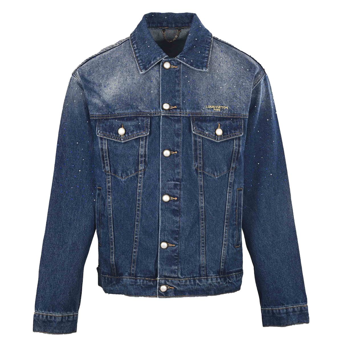 Louis Vuitton Washed Blue Rhinestone Denim Trucker Jacket, Unisex Cotton Button-Up with Faded Yoke, Chest Logo and Scattered Sparkle Detailing
