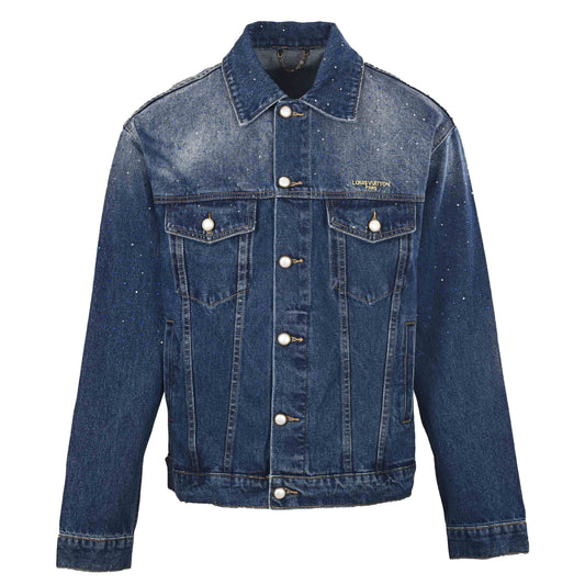 Louis Vuitton Washed Blue Rhinestone Denim Trucker Jacket, Unisex Cotton Button-Up with Faded Yoke, Chest Logo and Scattered Sparkle Detailing