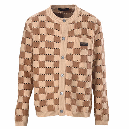 Louis Vuitton Damier Checkerboard Knit Cardigan | Leather Logo Patch Designer Sweater for Smart Casual Layering