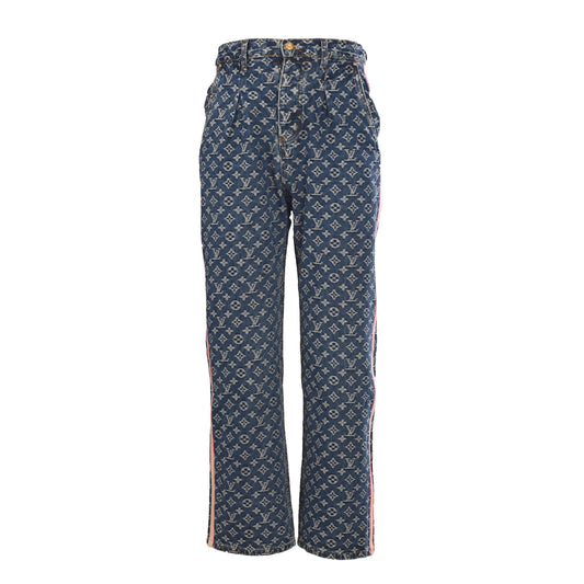 Louis Vuitton All-Over Print Washed Blue Denim Jeans with Leather Side Trim | Luxury Designer Streetwear