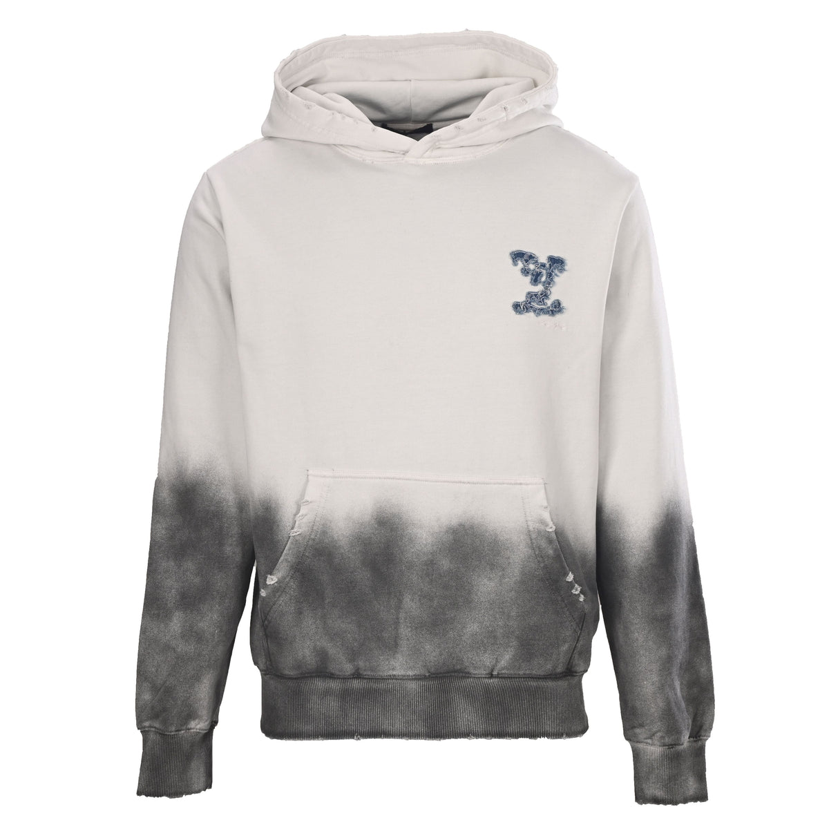 Louis Vuitton Ivory and Grey Ombré Cloud Logo Hoodie, Heavyweight Pullover Sweatshirt with Frayed Monogram Denim Appliqué and Distressed Finish