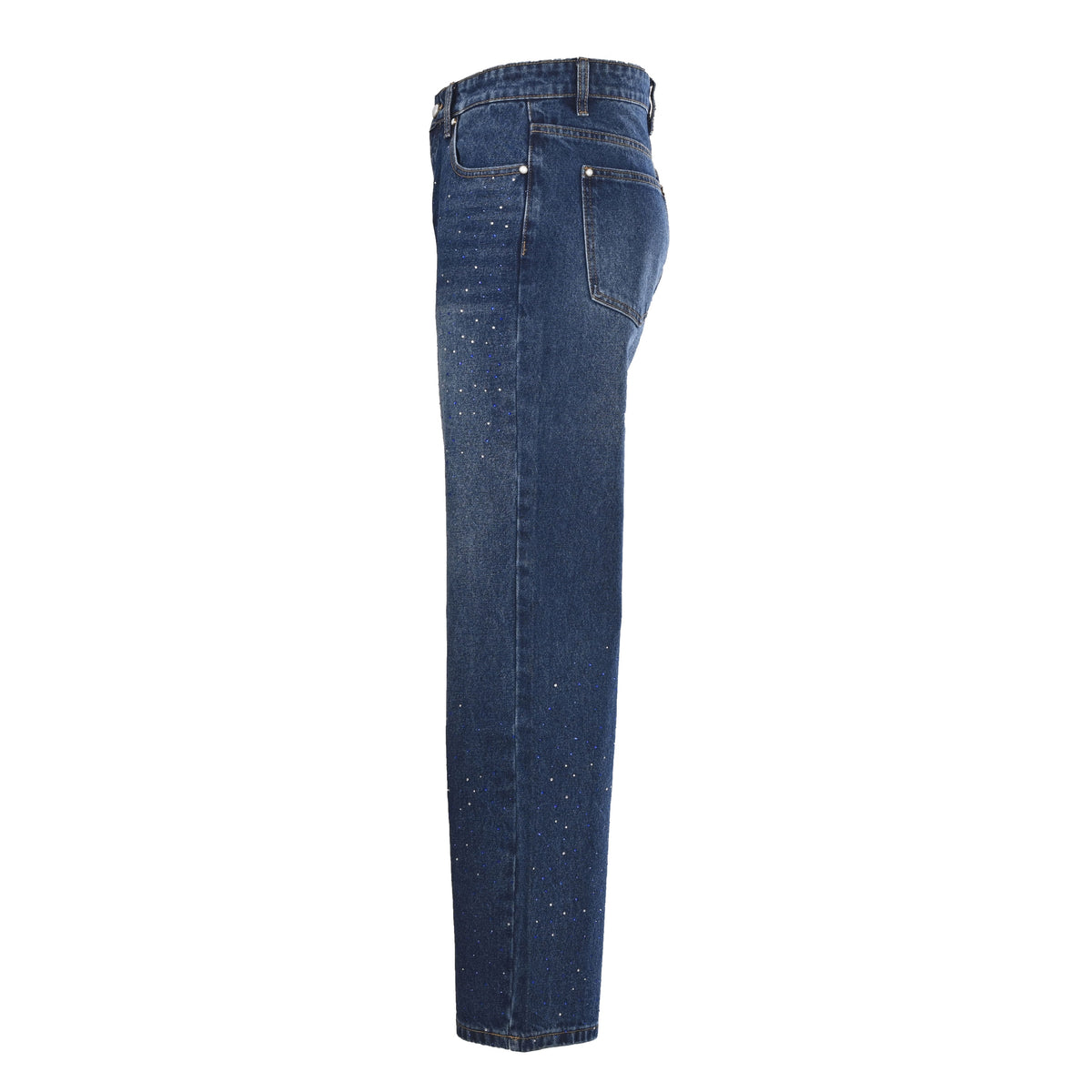 Louis Vuitton Washed Indigo Rhinestone Straight-Leg Jeans, Unisex Vintage-Look Denim Trousers with Scattered Sparkle and Five-Pocket Styling