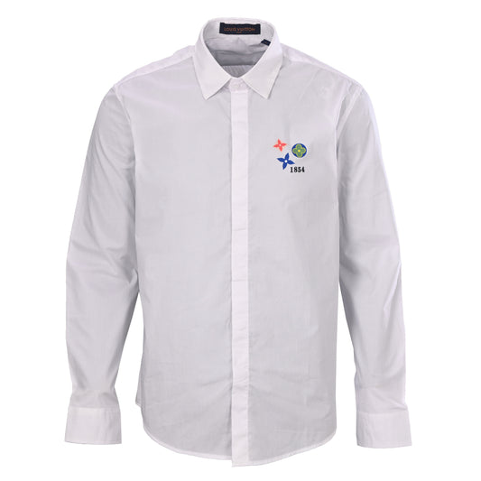 Louis Vuitton White Rayon Poplin Shirt with Multicolor Monogram Flowers, Unisex Long-Sleeve Button-Up with Point Collar and Hidden Placket