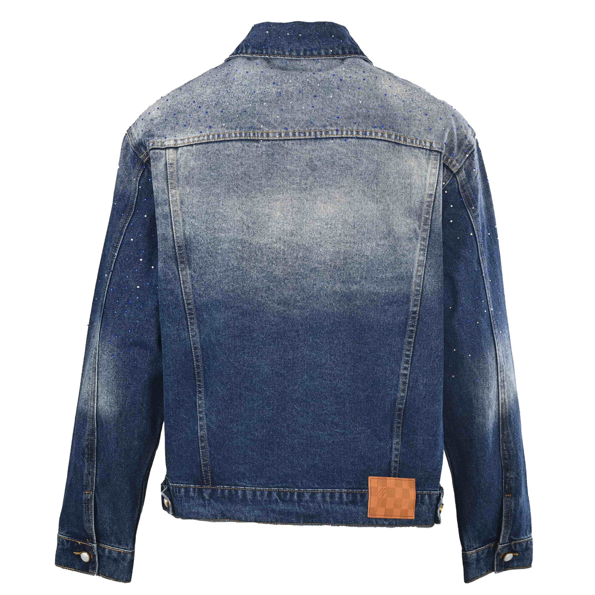 Louis Vuitton Washed Blue Rhinestone Denim Trucker Jacket, Unisex Cotton Button-Up with Faded Yoke, Chest Logo and Scattered Sparkle Detailing