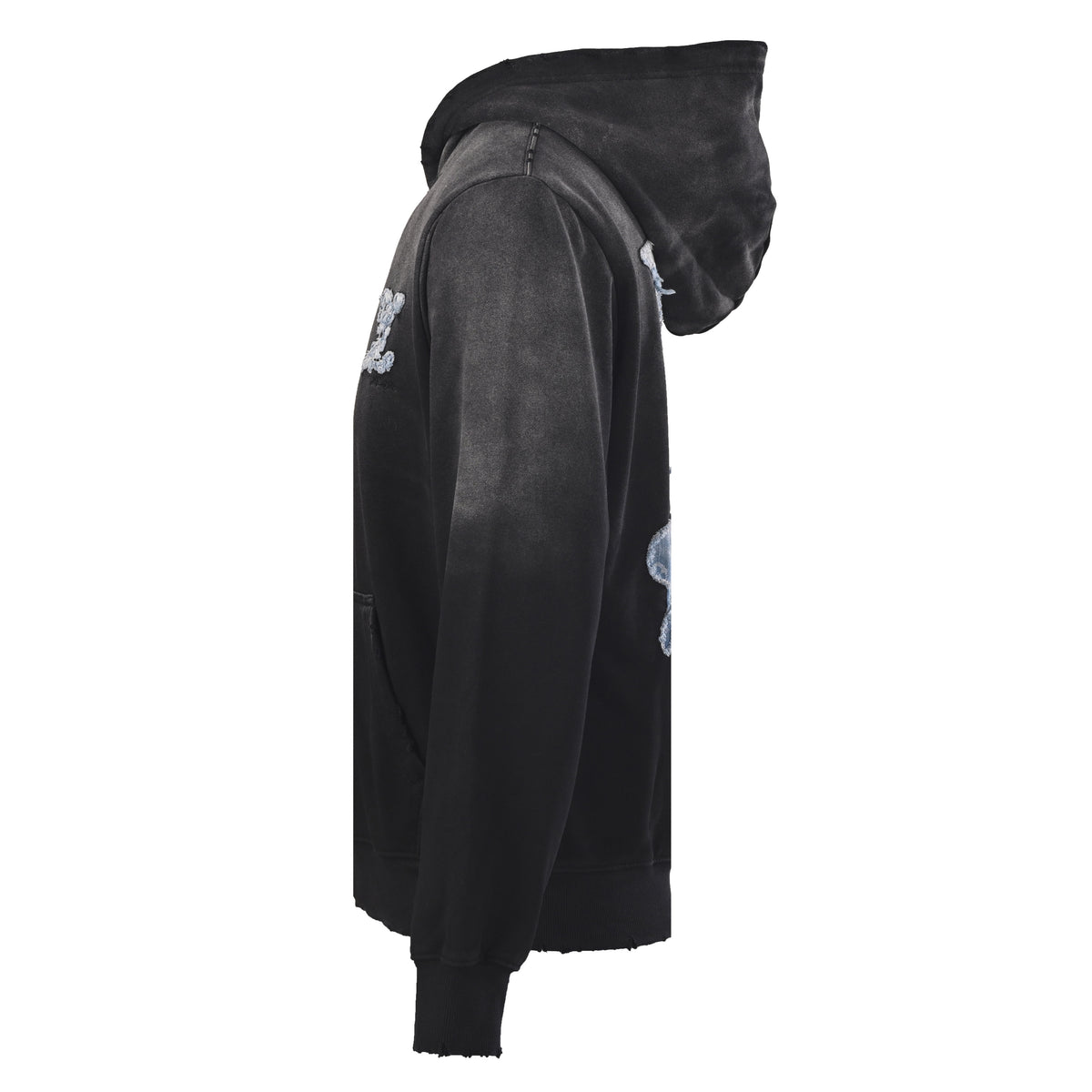 Louis Vuitton Washed Black Cloud Logo Pullover Hoodie, Heavyweight Loopback Terry Sweatshirt with Frayed Denim Appliqué and Distressed Detailing