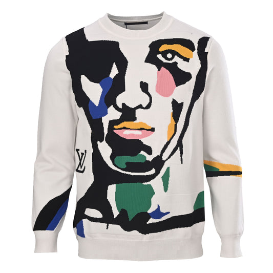 Louis Vuitton Portrait Intarsia Crewneck Sweater - Heavyweight Wool-Cotton Blend Unisex Graphic Knit Pullover
