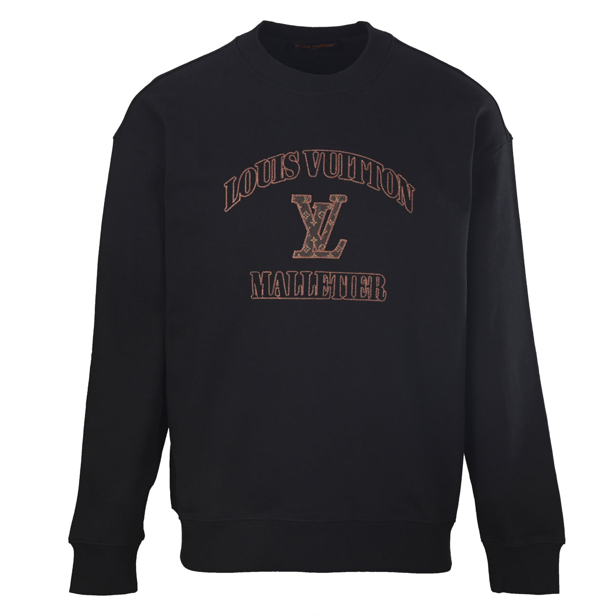 Louis Vuitton Embroidered Letter Crewneck Sweatshirt | Leather-Style Logo Patch Designer Casual Streetwear