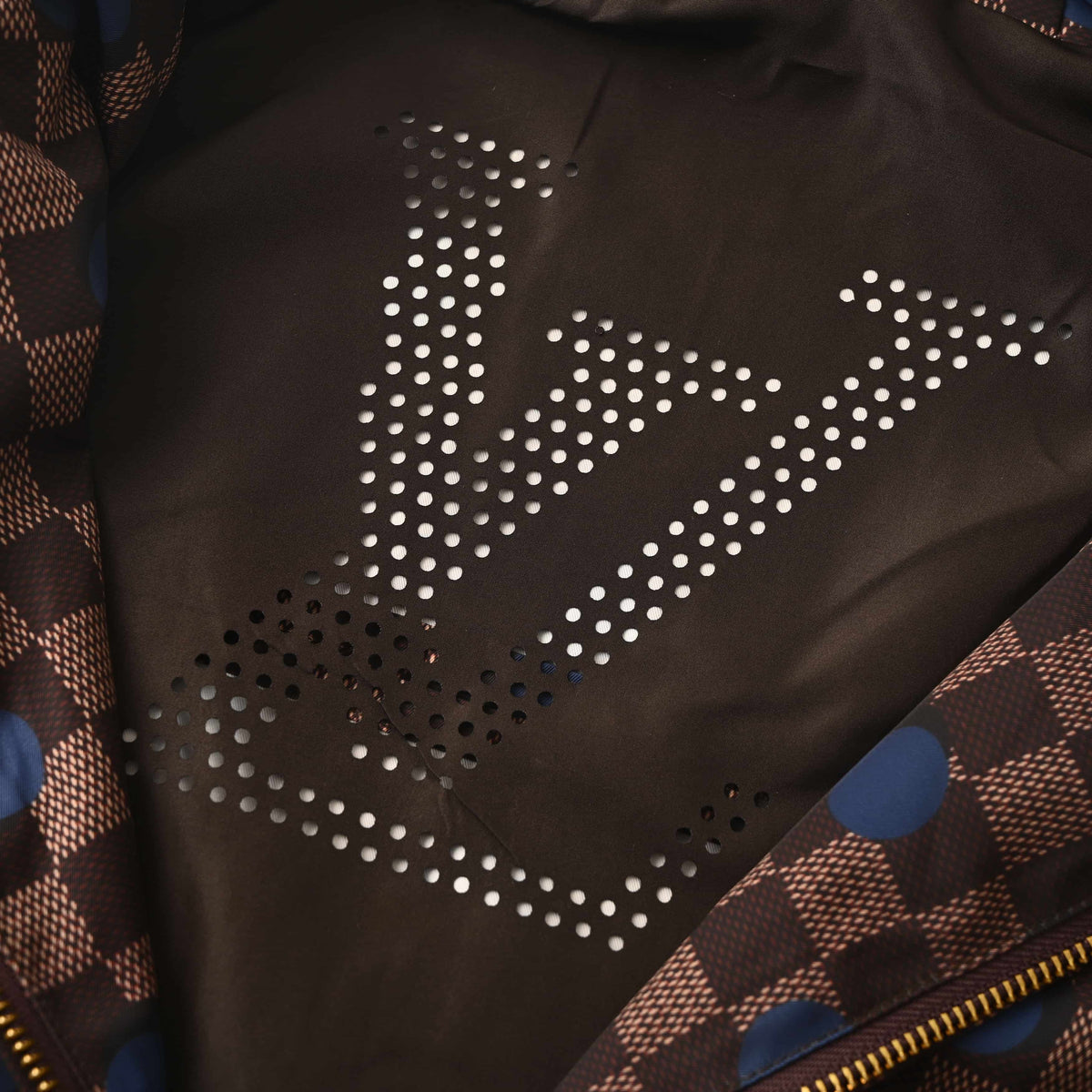 Louis Vuitton Brown Checkerboard Hooded Windbreaker with Blue Polka Dots, Unisex Relaxed-Fit Zip-Up Jacket in Water-Repellent Fabric