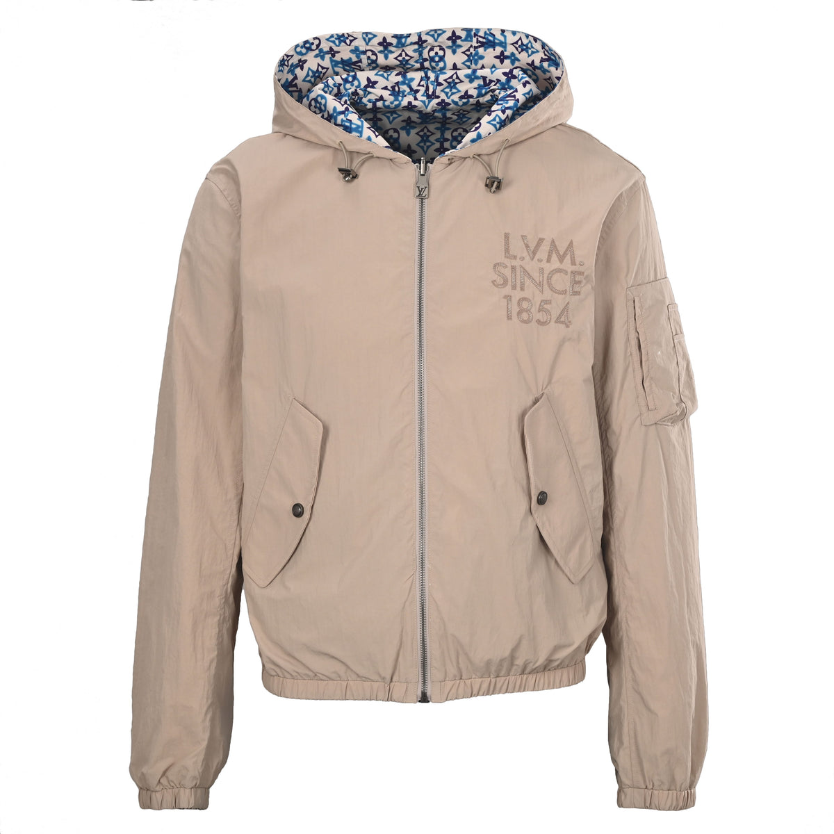 Louis Vuitton Beige Reversible Hooded Windbreaker, Crinkled Nylon Zip-Up Utility Jacket with Blue Monogram Print and Sleeve Pocket