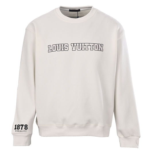 Louis Vuitton Collegiate Logo Crewneck Sweatshirt with Graphic Cuff Detail, White Designer Casual Streetwear