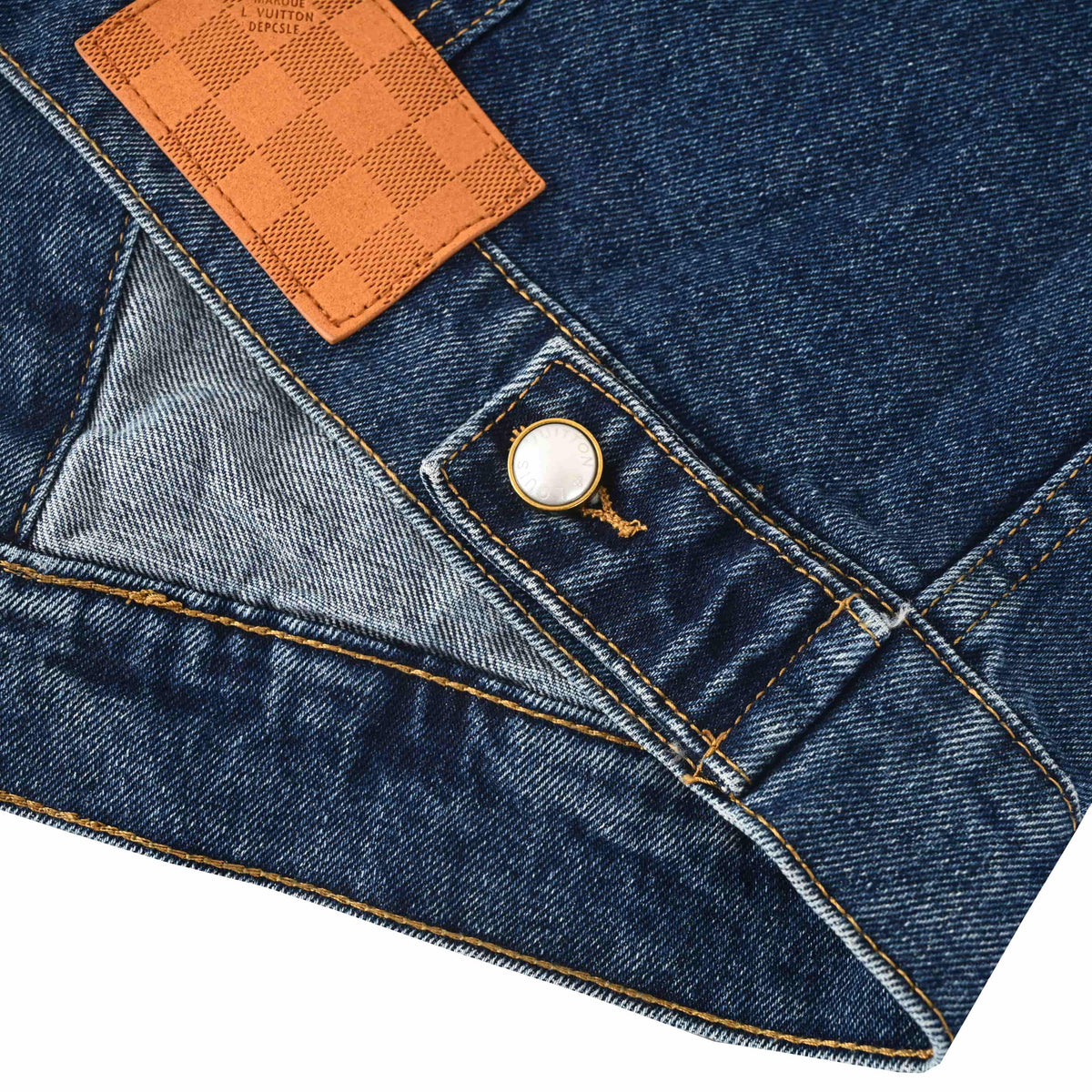 Louis Vuitton Washed Blue Rhinestone Denim Trucker Jacket, Unisex Cotton Button-Up with Faded Yoke, Chest Logo and Scattered Sparkle Detailing