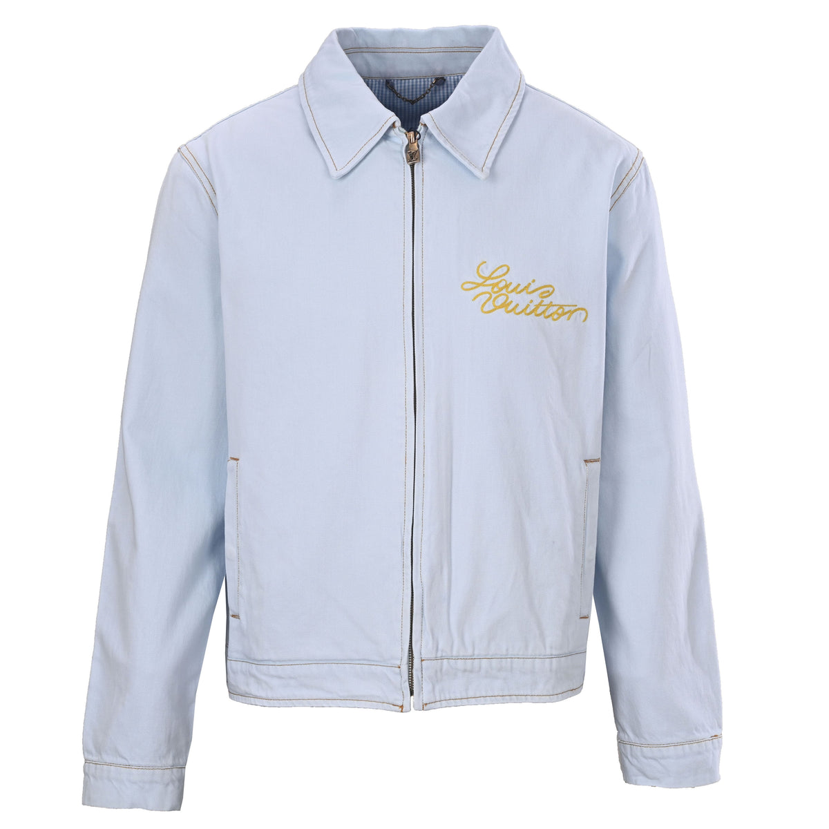 Louis Vuitton Blooming Floral Embroidered Denim Jacket, Light Blue Washed Zip-Up with Signature Back Logo for Designer Casual Style