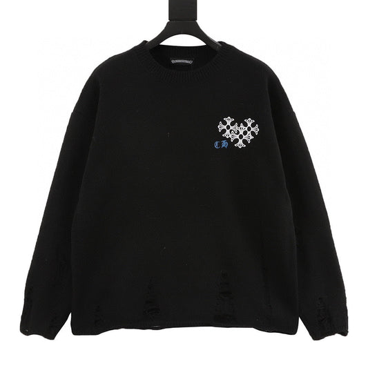 CH Embroidered Sanskrit Cross Distressed Knit Sweater