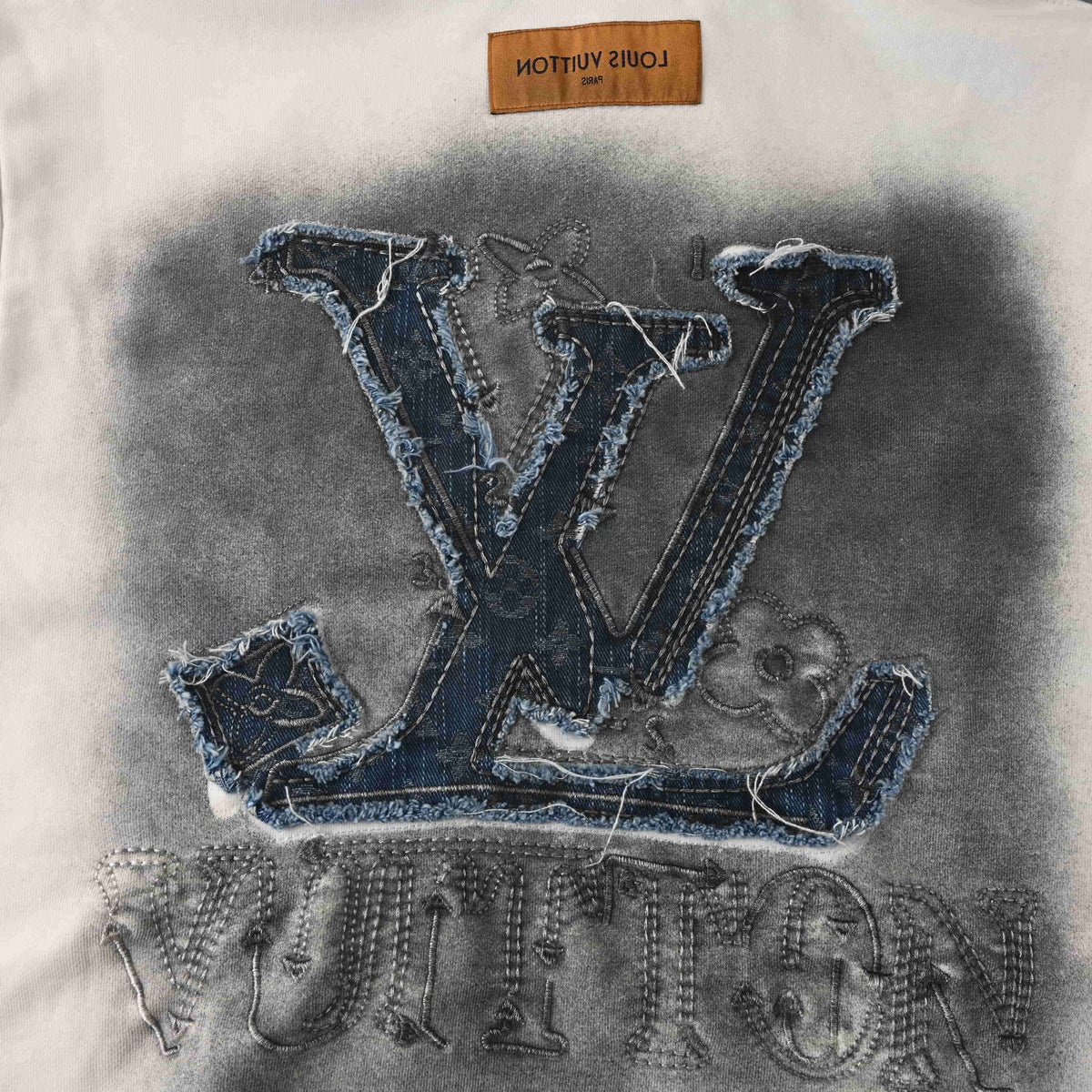 Louis Vuitton Ivory Distressed Denim Appliqué Hoodie, Heavyweight Loopback Terry Pullover with Monogram Flower Chest Patch and Oversized Back Logo