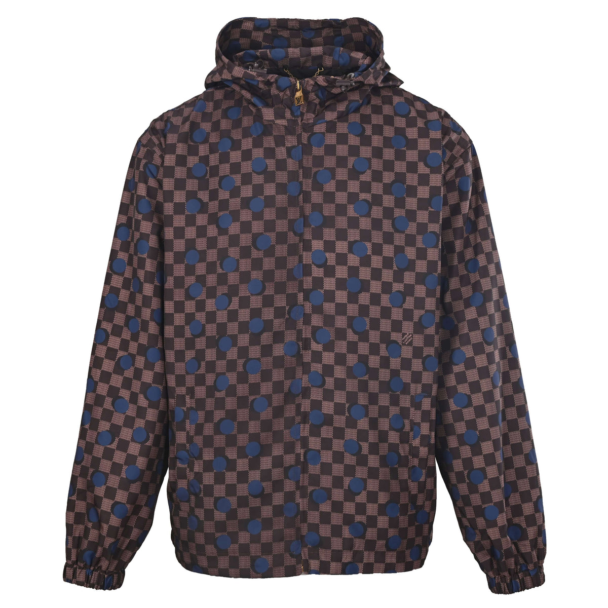 Louis Vuitton Brown Checkerboard Hooded Windbreaker with Blue Polka Dots, Unisex Relaxed-Fit Zip-Up Jacket in Water-Repellent Fabric