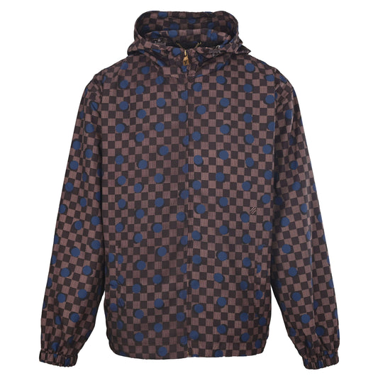 Louis Vuitton Brown Checkerboard Hooded Windbreaker with Blue Polka Dots, Unisex Relaxed-Fit Zip-Up Jacket in Water-Repellent Fabric