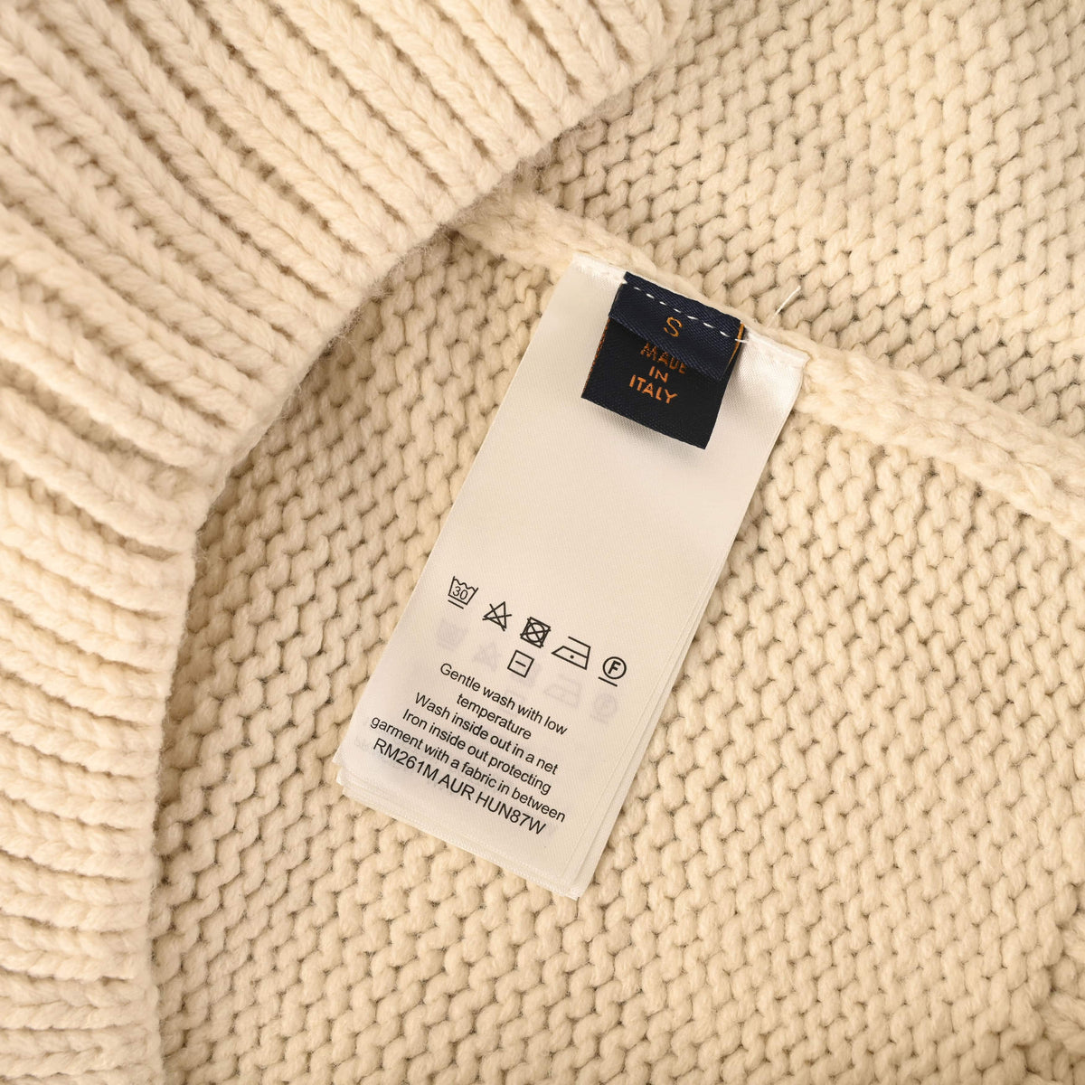 Louis Vuitton Cream Merino Wool-Blend Zip-Up Cardigan with Leather Logo Patch, Chunky Knit Sweater Jacket and Contrast Stand Collar