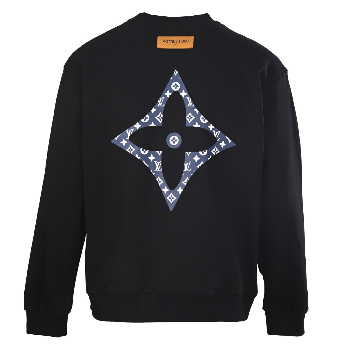 Louis Vuitton Black Monogram Puff-Print Crewneck Sweatshirt, Unisex Oversized Cotton Pullover with Chest Logo and Statement Flower Back Graphic