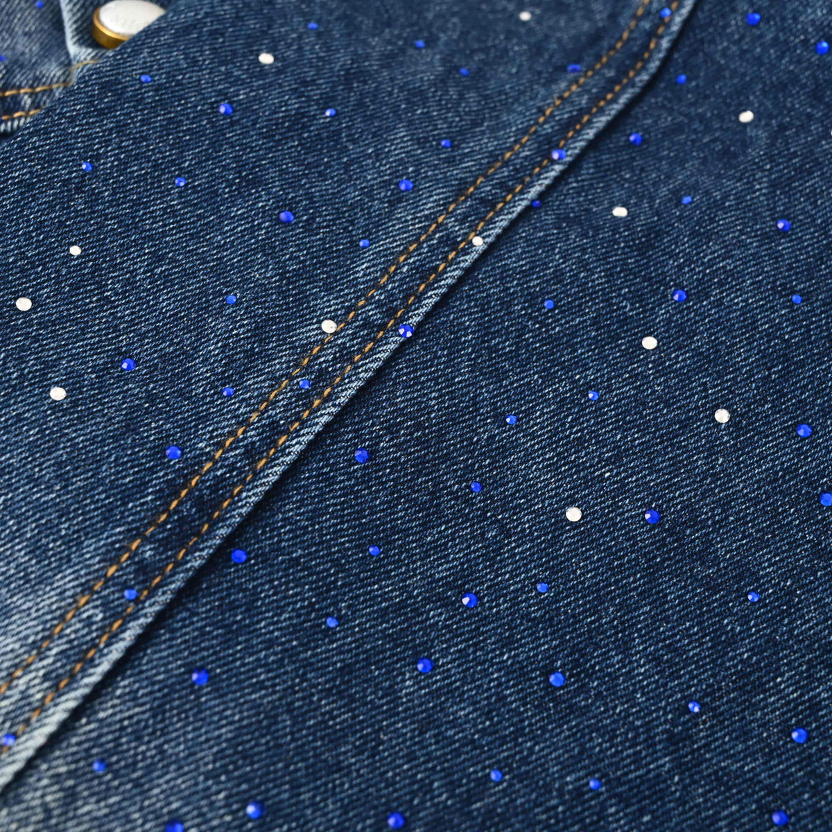 Louis Vuitton Washed Blue Rhinestone Denim Trucker Jacket, Unisex Cotton Button-Up with Faded Yoke, Chest Logo and Scattered Sparkle Detailing