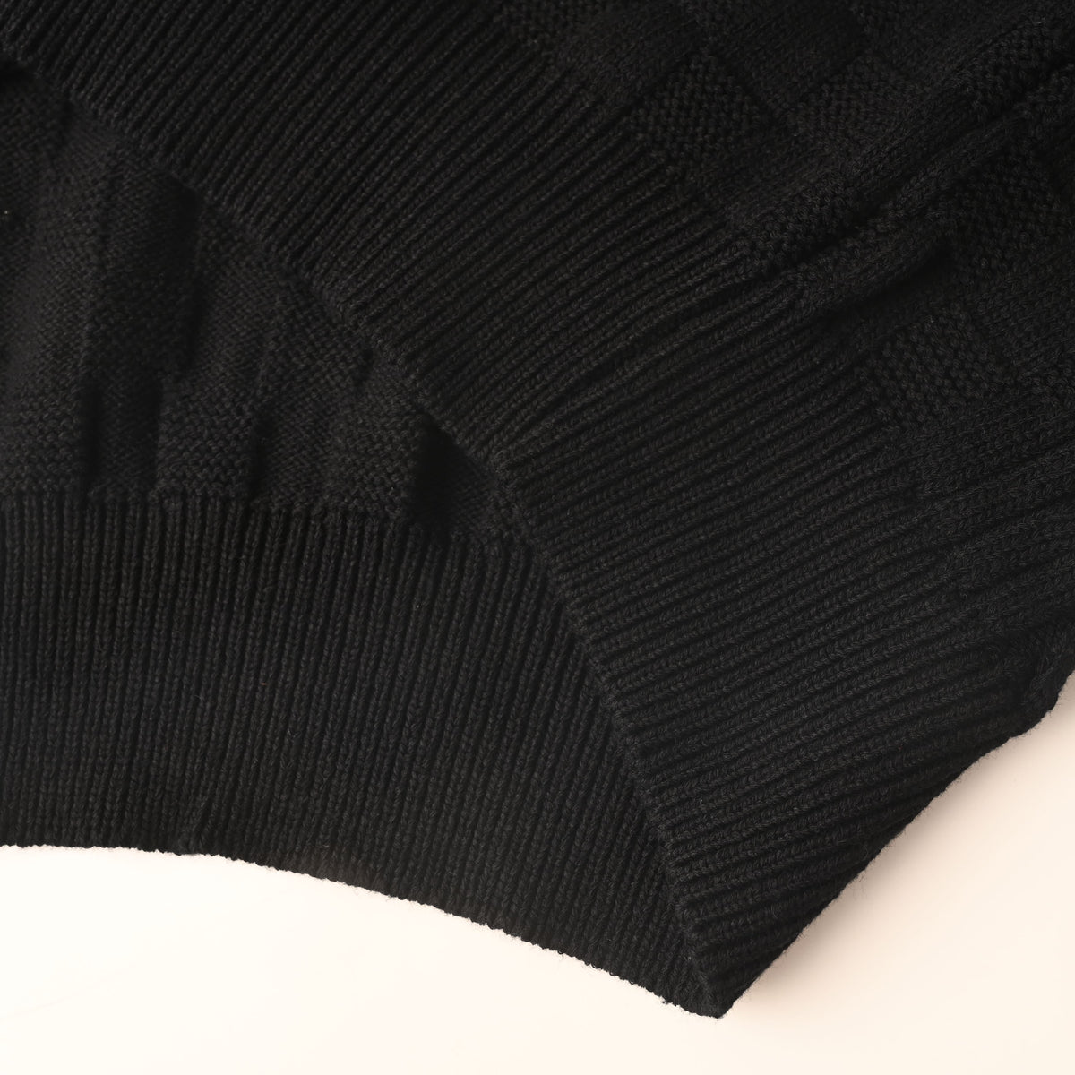 Louis Vuitton Black Cotton-Nylon Half-Zip Sweater, Unisex High-Neck Textured Knit Pullover with Tonal Damier Detailing and Ribbed Cuffs