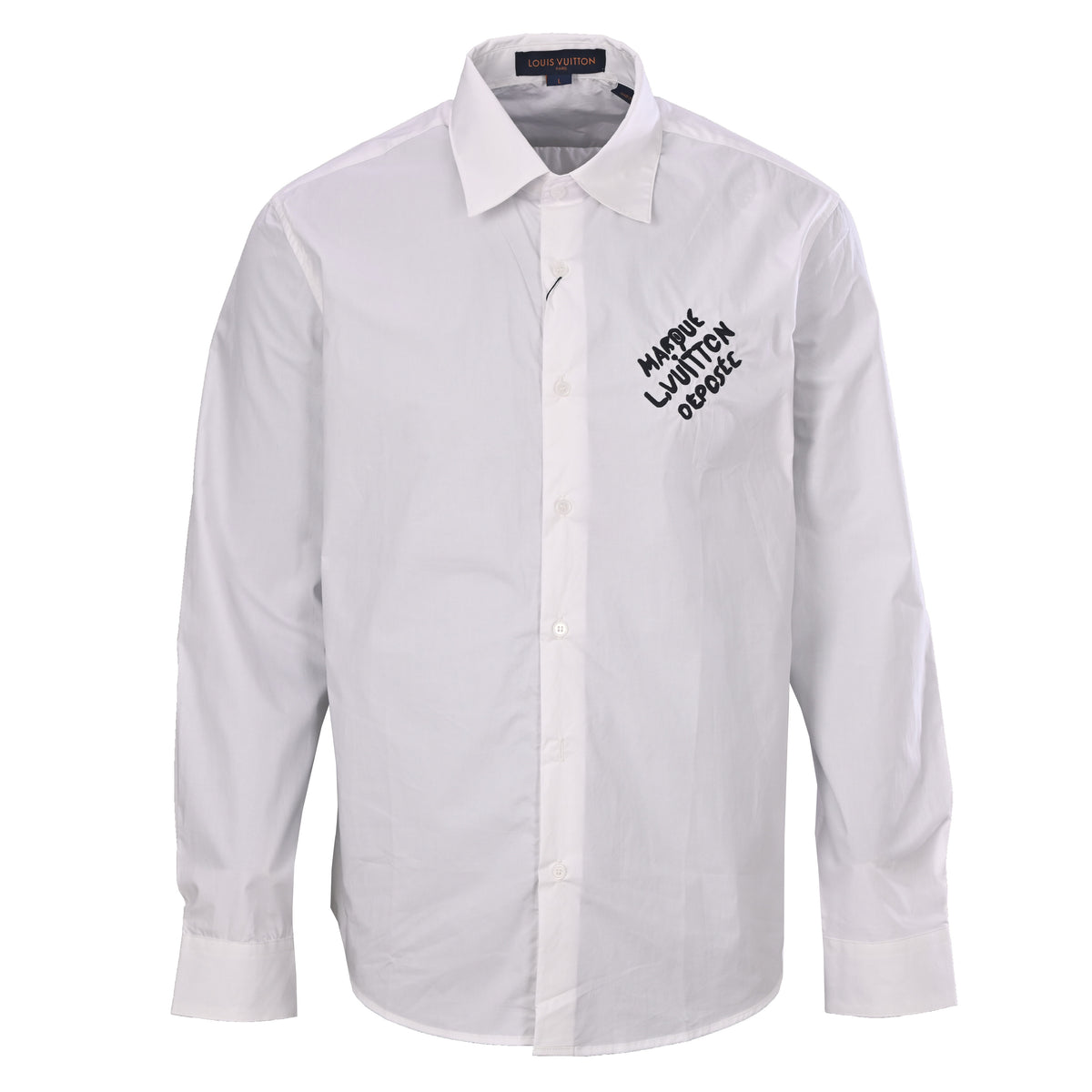 Louis Vuitton White Long-Sleeve Button-Up Shirt with Black Letter Embroidery, Drop-Shoulder Silhouette, Shell Buttons and Curved High-Low Hem